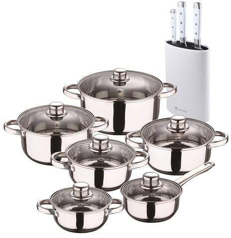 Bateria de cocina 12 piezas San Ignacio de acero inoxidable en color cromado colección Cassel+Juego de 3 Cuchillos de acero inoxidable con Tacoma