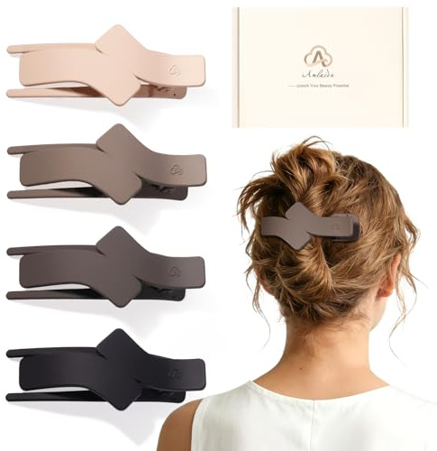 Amlaidu Lot de 4 Pinces à Cheveux Plates pour Femme, Pinces Françaises à Forte Tenue, pour Cheveux Épais, Fins, Longs | Beige, Marron Clair, Taupe Foncé, Noire