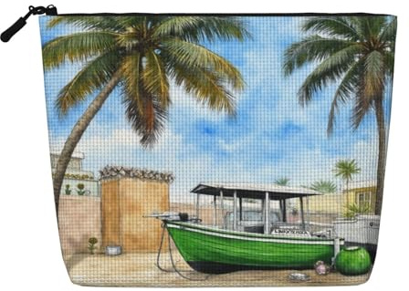 Cfyjvvxsj Tropical beach scene with green boat, palm trees, sky Full Print Fake Hemp Makeup Bag: Water-Resistant, Large Capacity Pouch for Daily Travel Commute (Multi-Use)