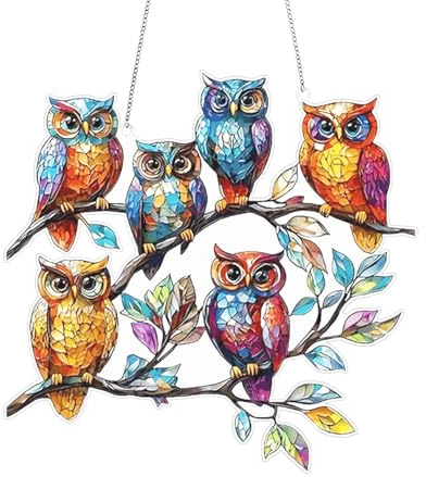 LEMONSTONE Fensterdeko Hängend, Sonnenfänger Fenster, Eule Fensterdeko Frühling, Vogel Sonnenfänger aus Acryl mit Kette, für Fenster, Terrasse, Wand, Garten und Party-Dekoration (Eule)