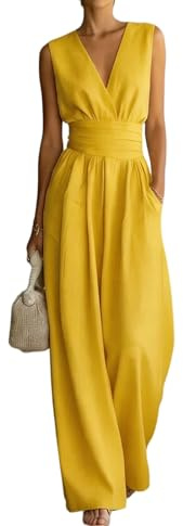 Générique Combinaison Femme Chic Ete Pantalon Large Taille Haute Col V Elegant Ensemble Fluide Pour Travail Et Soirees Avec Poches Pratiques Et Manches Rabatues