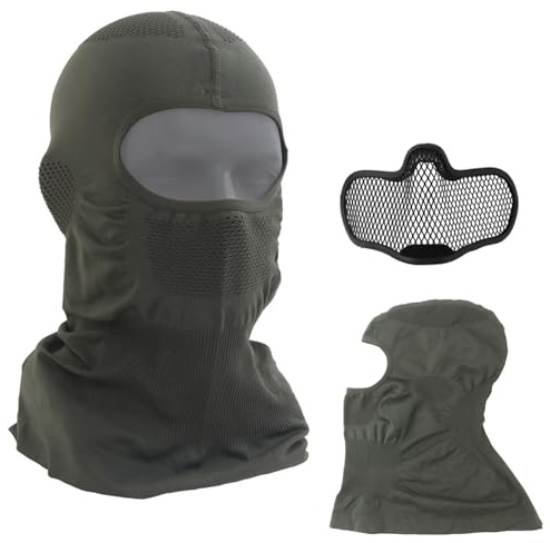 LZAQHMT 2 in 1 Taktische Sturmhaube, Halbgesichtsmaske, abnehmbarer Mundschutz aus Stahlgitter, atmungsaktive Netz-Kapuze für Airsoft, Paintball, Jagd, Outdoor-Sportausrüstung