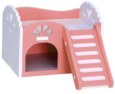 HEANUJJ Casa de Madera para Hámster, Refugio Escalera y Balcón | Juguete Masticable Alivia Aburrimiento, Fomenta Anidación, Autoensamblaje sin Herramientas, Color Rosa