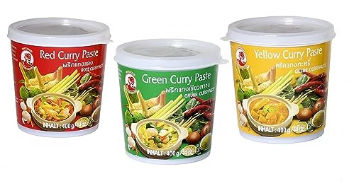 Cock Brand - set de degustación de pastas al curry - paquete de 3 (3 x 400 g) - 3 variedades, 1 lata de pasta de curry roja, verde, amarilla