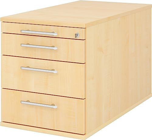 bümö Rollcontainer mit Schubladen, Container abschließbar aus Holz in Ahorn - Rollwagen für's Büro als Schreibtisch Unterschrank, Bürocontainer od. Schreibtischcontainer mit Relinggriffe