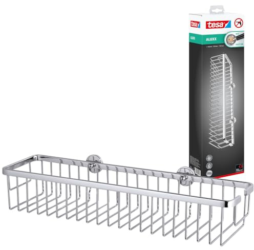 tesa ALUXX Duschkorb ohne Bohren, extra breit (45cm), Aluminium, verchromt, rostfrei, inkl. Klebelösung, 125 mm x 450 mm x 92 mm