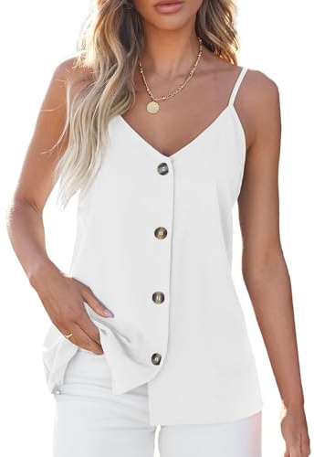 BLENCOT Tank Tops for Womens Summer Flowy Button Down V Neck Casual Sleeveless Trendy Shirts Spaghetti Strap Dressy Blouse White S