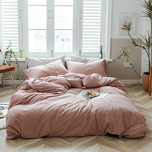 Lanqinglv Rosa Bettwäsche 200x200cm 3 Teilig Altrosa Mädchen Uni Gewaschene Baumwolle Wendebettwäsche Romantisch Weiche Bettbezug Bettdeckenbezüge mit Reißverschluss und 2 Kissenbezug 80x80cm