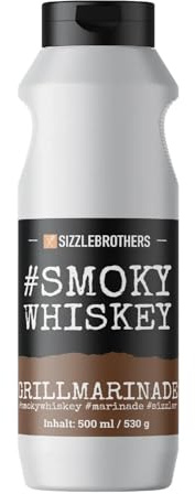 Grillmarinade SmokyWhiskey 500 ml – BBQ-Marinade mit Rauch- und Whiskey-Aromen – Flüssigwürze für Schwein, Rind, Wild & Hähnchen – Ölbasierte Whiskey-Marinade – SizzleBrothers