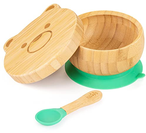 Saugnapf mit Deckel und Löffel für Babys und Kleinkinder, Bleiben Sie an Ort und Stelle, natürliches Bambusholz für leicht zu reinigendes Geschirr, perfekt für Babys Entwöhnungsreise