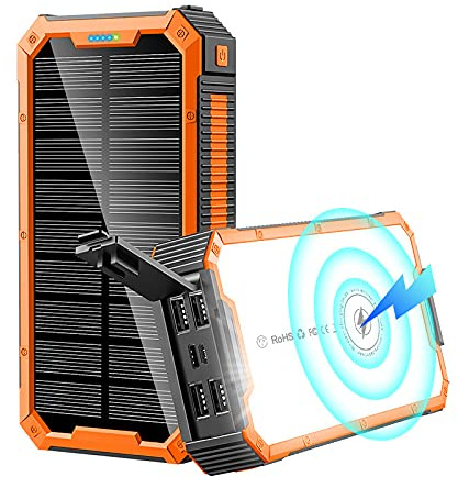 Siqi Power Bank 36800 mAh - 5 V/3 A - Chargement rapide sans fil - Chargeur solaire portable [4 sorties 3 entrées] avec lampes de poche LED - Batterie externe - Noir et orange