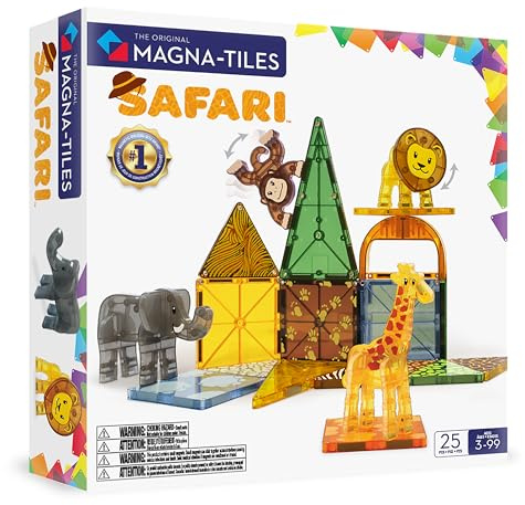 Magna-Tiles Safari Animals 25-Piece Set - 3D magnetic building tiles, Clear Colors