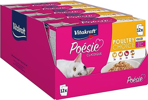 Vitakraft Poésie Classique, Nassfutter Katze, Katzennassfutter Gelee, mit Huhn, mit Pute, mit Geflügel, mit Ente, ohne Zusatz von Zucker und Getreide (5 Pakete mit 12x 85g)