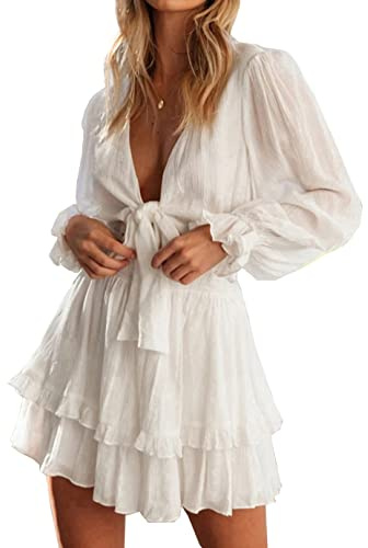 PHENHU Vestidos de Mujer con Cuello en V Profundo, Manga Larga, Nudo Frontal, Volantes, Dobladillo, Casual, Vestido Corto
