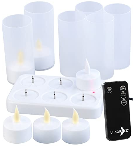 Lunartec Flacker LED-Teelichter: 6er-Set Akku-LED-Teelichter mit Ladestation, Fernbedienung, 15 Std. (Weihnachtskerzen, mit warmweißem Licht, Timer)