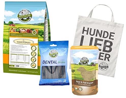 Bellfor Futterset für Großpudel – Getreidefreies Trockenfutter mit Huhn 4 kg, Dental Sticks 100 g & Ergänzungsfuttermittel Shiimun Skin Pulver 50 g