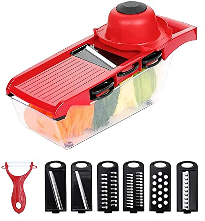 Vegetable Cutter Vegetable Chopper Grater for Vegetables Slicers Shredders Multi Slicer Peeler Carrot Fruit 6 in 1 Gadgets ；Kitchen Gadgets Kitchen and Catering (Color : Rojo, Size : D)