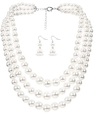 Aabellay Damen Perlenkette Imitation Perlen Halskette Runde Perlen Kette Vintage Choker Halskette Schmuck 20er Jahre Flapper Art Deco Gatsby Kostüm Hochzeit Braut mit Ohrringe-6410