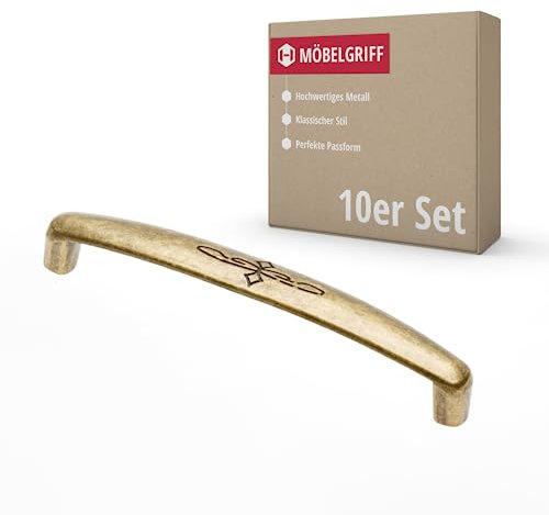 Gedotec Möbelgriff aus Vollmetall | 10 Stück | Griffe für Küchenschränke inkl. Befestigungsmaterial | ALMATI | Möbelgriffe Messing antik mit BA 96 mm | Türgriffe für Schränke - Schrankgriffe