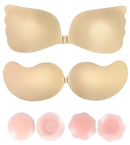 SHEKINI Women's Strapless Self Adhesive Invisible Sticky Lift Up Bra Reusable Padded Silicone 2 Piece + 4 Nipple Pads for Backless Dress Evening Gowns, D
