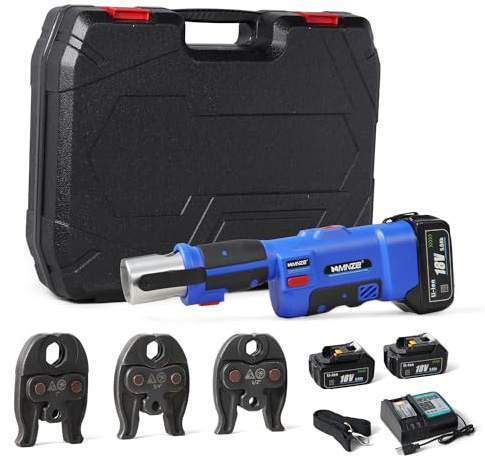 MMNZE Pro Press Tool Kit, Electric Rechargeable Copper Stainless Steel Tube Pipe Fitting Crimping Tool with 1/2 3/4 1 Pro Press Jaws and 2 Batteries, 3T 1 Stroke, LS-1525
