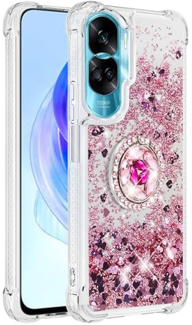 Wuhaizher Honor 90 Lite Case with Ring Kickstand, Glitter Bling Sparkle Quicksand Flowing Liquid Clear TPU Gel Silicone ShockProof Protective Phone Case for Honor 90 Lite Cover Girls, Rose Gold