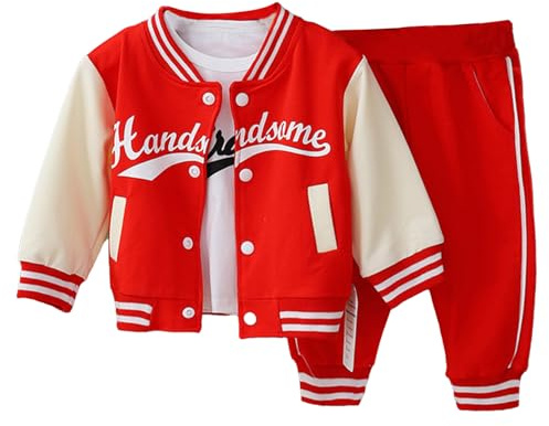 Freebily Gymnastikdräkt för barn, pojke, nyfödd, 3 delar, basebolljacka, t-shirt och byxor med sidofickor, sportkläder, 6 månader-5 år, Röd, 3-4 år