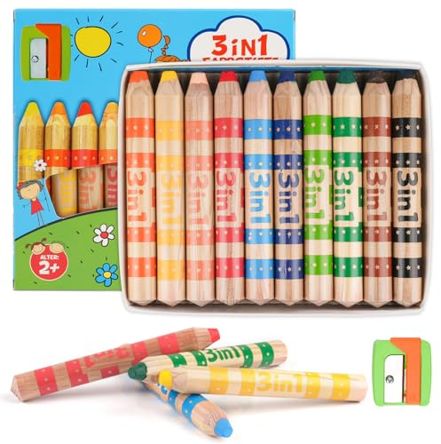 Vaktop 10 Stück Wachsmalstifte, 3 in 1 Malstifte mit Spitzer, Wasserfarbe Wachsmalkreide, Buntstifte mit 10 Verschiedenen Farben für Kinder 2 3 4 jahre, Graffiti, DIY Handwerk und Malerei