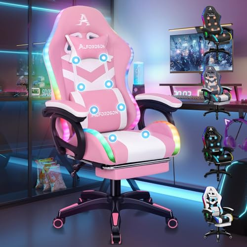 ALFORDSON Gamer-Stuhl Gamer Stühle RGB LED Racing PC-Gaming-Sessel Massage Bürostuhl ergonomisch Schreibtischstuhl Fußstützen, 90-150°Neigungswinkel,180 kg belastbar, Rosa