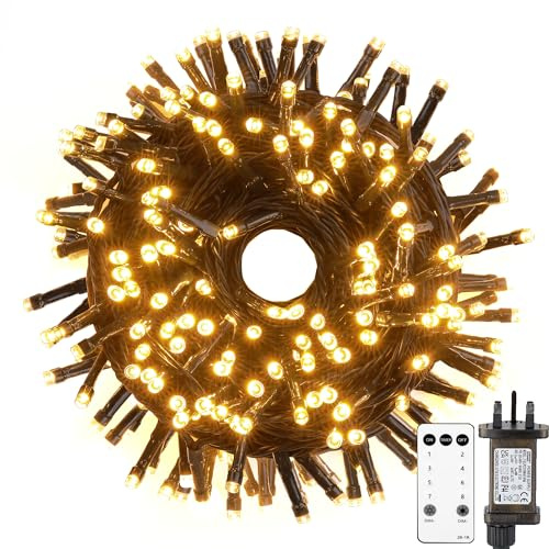 Tacobey Christmas Tree Lights Mains Powered - 66ft/20m 200 Led Fairy String Lights with Plug/Remote/8 Modes/Timer, Waterproof Lights for Indoor Outdoor Xmas Decorations (Warm White)