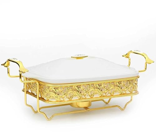 SUPBEI Keramik-Auflaufform mit Deckel und Gestell - Suppenterrine aus Weißem Porzellan - Rechteckiger Chafing Dish für Buffet - Warmhaltetablett für Buffets/Hochzeiten/Partys,1.5L