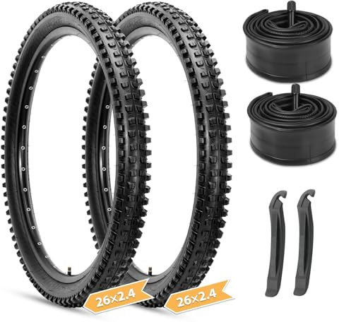 26-inch Mountain Bike Tires Set: Hycline 2-Pack 26x2.4 inch Folding Replacement Puncture-Resistant Bicycle Tires and Pair 26-inch Inner Tubes with Tire Levers for MTB Ebike Off-Road Bike