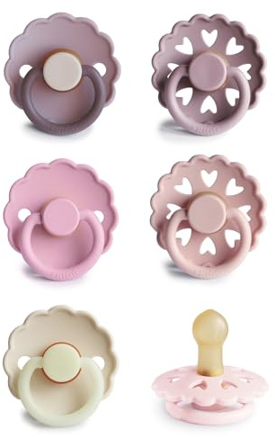 FRIGG Multipack Latex-Schnuller | 6'er Packung | Naturgummi/Naturkautschuk | Hergestellt in Dänemark | Symmetrischer Sauger in Kirschform | (Blooming Love, Größe 1 (0-6 Monate))