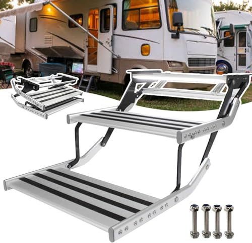 ASumPio Elektrische Wohnmobil-Stufen mit LED-Leuchten, rutschfeste, klappbare Wohnmobil-Stufen, Aluminiumlegierung/automatisches Zusammenklappen/Zwei Steuerungsmethoden, automat,Doublelayer