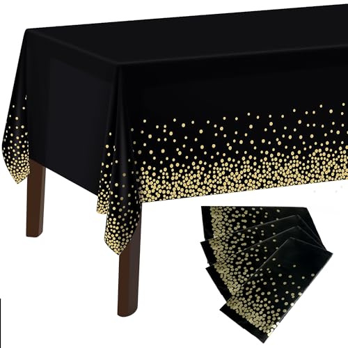 TYSM-CC Party Tischdecken, 4 Stück Schwarz und Gold Party Tischdecke Einweg,137 x 274 cm Kunststoff Wasserabweisend Rechteckig Tischtuch Geeignet für Party, Geburtstag, Hochzeit, Weihnachten