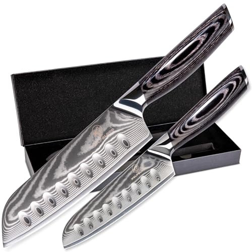 Wolfblood PRO 2er Damastmesser Set XL (31cm und 23cm) Profi Damast Küchenmesser Set aus echtem 67 Lagen Damaststahl I Santokumesser Set mit Holzgriff Geschenkbox und Klingenschutz