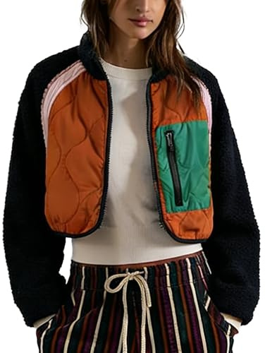 TIQOJE Womens Fleece Jacket Cropped Zip Up Long Sleeve Y2K Jackets Navy