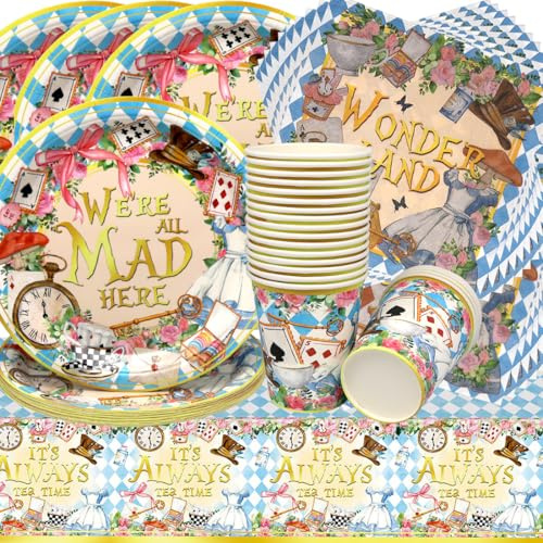 Vaisselle de Fête Filles Anniversaire,Doyomtoy Princesse Vaisselle Papier Set Assiettes en Papier Serviettes Tasses pour Fête à Thème Alice Baby Shower Décorations Fête d'Anniversaire 20 personnes