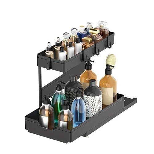 LTECARP Under Sink Storage Kitchen Organiser, 2 Tier Sliding Kitchen Storage Under Sink shelf, Multi-Purpose Organisation for Kitchen Bathroom, Bottom Slide Out Basket Black