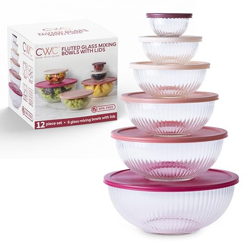 COOK WITH COLOR Set di 12 ciotole in vetro borosilicato con coperchio, per cucina, preparazione, cottura e servire, lavabili in lavastoviglie, microonde e freezer, coperchi ermetici e a tenuta stagna