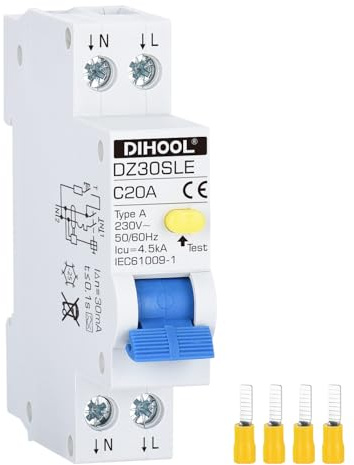 DIHOOL FI/LS Schutzschalter 20A 30mA 0.03 2-polig RCBO C20A Fehlerstromschutzschalter mit 18mm Breite | Bidirektionaler Anschluss FI LS Schalter