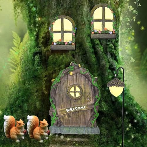 Angelkiss Fairy Door with 2 Squirrels - Resin Glow in The Dark GNOME Door for Garden Trees, Retro Elf Window Lamp Indoor Outdoor Decoration (Squirrel Version)