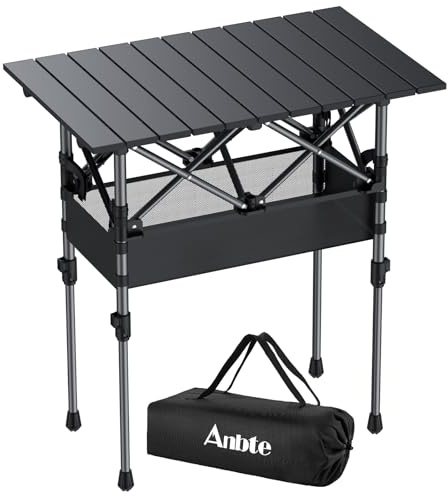 Anbte Folding Camping Table, Aluminum Roll Up Camping Table Adjustable Height with Storage Net and Bag, Lightweight Outdoor Table 25” X 16”, for Outdoor Travel Bbq Party Picnic, Black