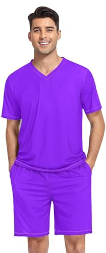 RPLIFE Conjunto de pijama para hombre, manga corta, cuello en V, conjunto de 2 piezas, tallas S-XXL, Violeta, Large