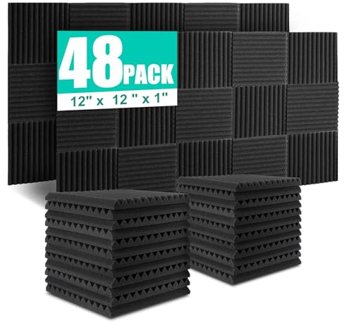 Acoustic Foam Panels, 48 Pack Sound Proofing Panels 12 x 12 x 1, Fireproof Soundproof Wedges Wall Padding for Studio, Home, Office, Noise Reduction & Echo Control