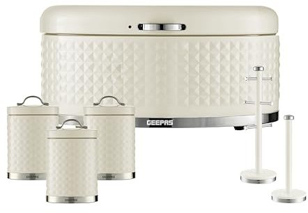 GEEPAS Argyle Tea Coffee Sugar Canister, Bread Bin, Mug Tree & Towel Pole Set | 9L Bread Box 1.3L Airtight Canister Set | Carbon Steel Build Kitchen Counter Storage Space Saver | Cream