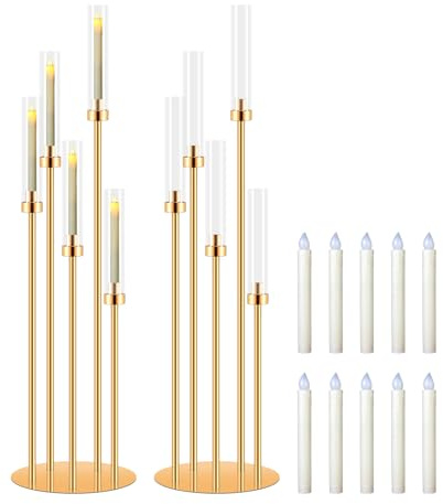 2 Sets 5 Arm Gold Candle Holder with Candles, 105 CM Tall for Centerpieces | 5-Tier Candle Holders, Table Centerpieces for Christmas, Wedding, Birthday Party, Home Decoration