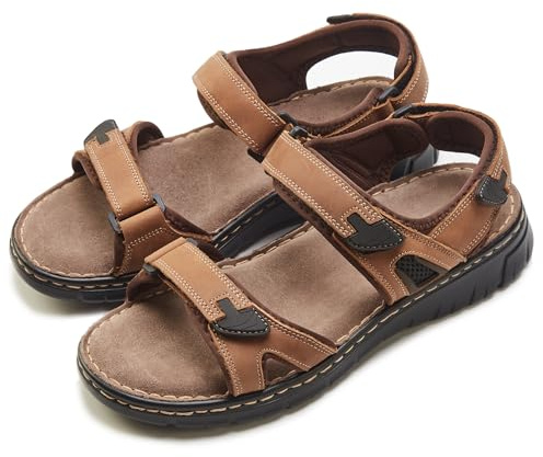 ISQFIQ Real Leather Mens Sandals, Wide Fit Sandal for Walking, Open Toe Indoor and Outdoor Shoes with Adjustable Strap for Summer Casual Travel Hiking Beach Trekking Towns