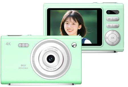 YUEHISY Fotocamera Digitale, Fotocamera Vlog 4K 64MP con Messa a Fuoco Automatica con Treppiede, Zoom 16X, Anti-vibrazione, Compatta con Flash, per Fotografie (GREEN)