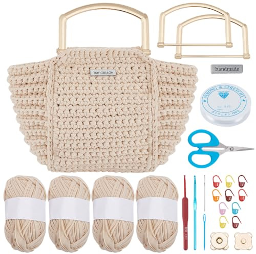 INFUNLY Weißes DIY Häkeltaschen Set Für Anfänger Handtasche Mit Griff Strick Häkel Set Mit Schritt für Schritt Videoanleitungen Einkaufstasche Web Kit Für Frauen Geschenke Häkel Liebhaber
